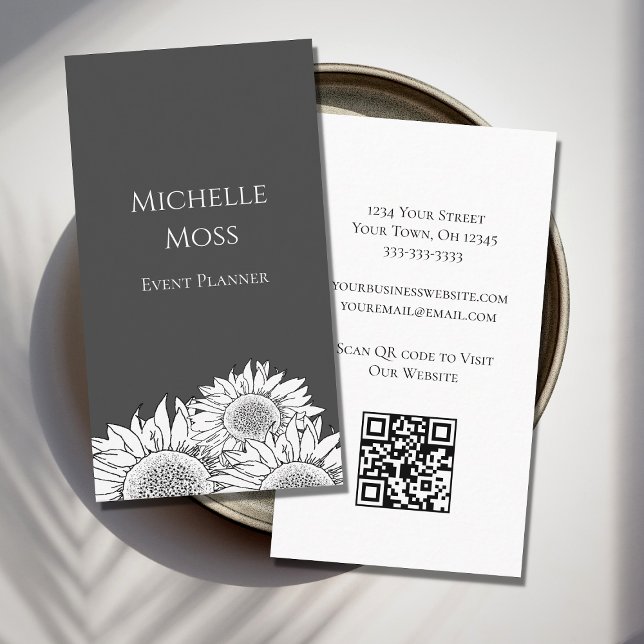 Moderne Sonnenblumen QR-Code Grau Visitenkarte (Von Creator hochgeladen)