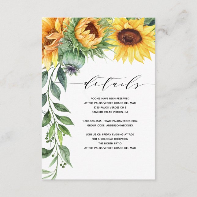 Moderne Sonnenblumen Wasserfarbe Hochzeitsdetails Begleitkarte (Vorderseite)