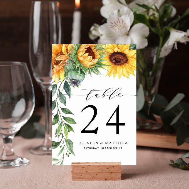 Moderne Sonnenblumenhochzeit Tischnummer (Watercolor sunflower cascade design table number card is perfect for your wedding reception.)