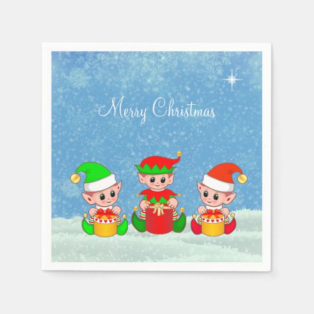 Moderne, sonnige Niedliche Weihnachtself-Buddies Serviette (Vorderseite)