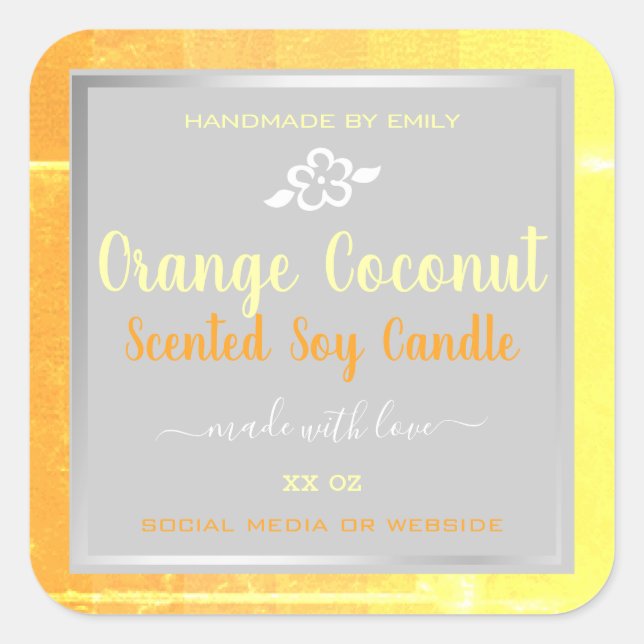 Moderne Soy Candles Packing Labels Orange Gray Quadratischer Aufkleber (Vorderseite)