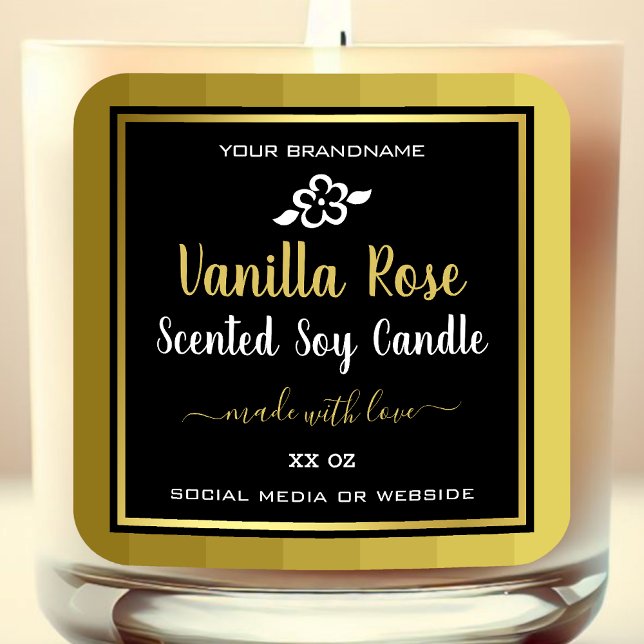 Moderne Soy Candles Verpackungsmarken Gold und Sch Quadratischer Aufkleber (Von Creator hochgeladen)