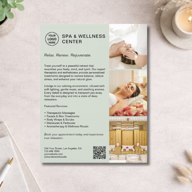 Moderne Spa-Wellness-Schilfgrün-Promotion Flyer (Modern Spa Wellness Sage Green Promotional Flyer)