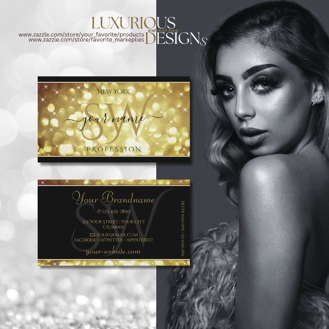 Moderne Sparkle Golden Glitzer Stars Schwarz Visitenkarte (Von Creator hochgeladen)
