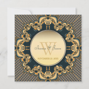 Moderne Spitzen-Monogramm-Teal-Goldene Hochzeits-E Einladung