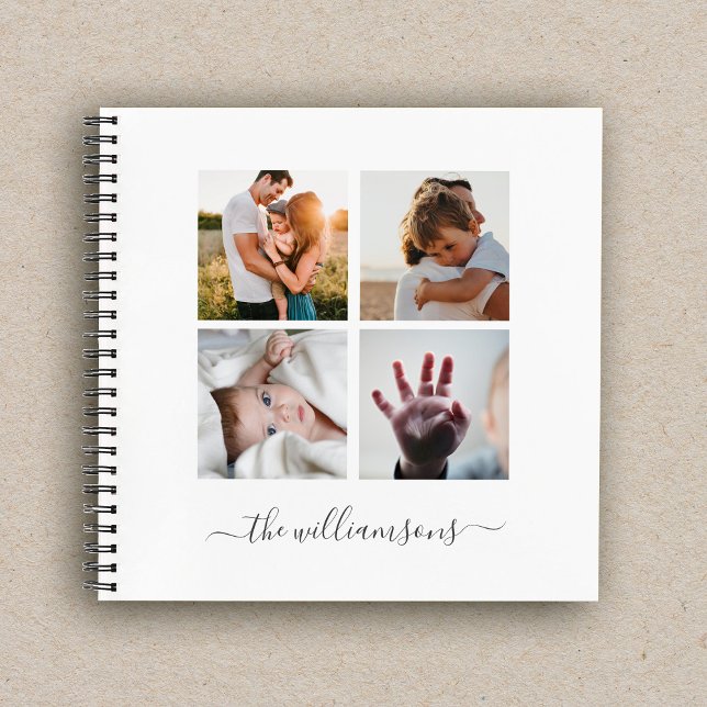 Moderne Square-Familie MehrfachfotoCollage Notizbuch (A spiral book featuring 4 photos and custom text reading the family name laying on craft paper)