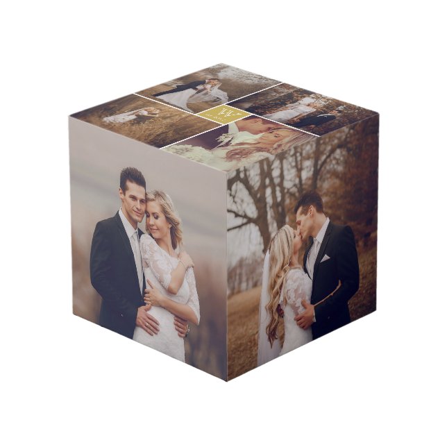 Moderne Square Wedding Monogram 8 Foto Collage Würfel (Vorderseite Schrägansicht)