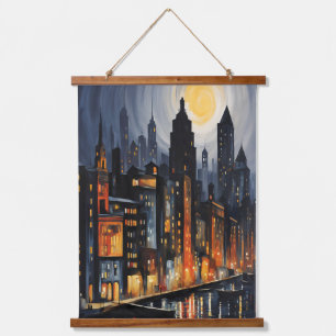 Moderne Stadtnachts - City Skyline bei Dusk Art Wandteppich Mit Holzrahmen