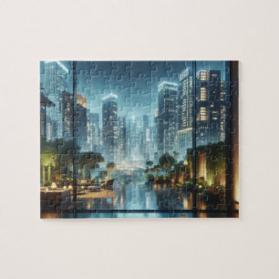Moderne Stadtsicht am Rain Night Jigsaw Puzzle