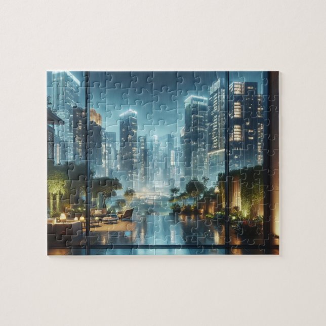 Moderne Stadtsicht am Rain Night Jigsaw Puzzle (Horizontal)