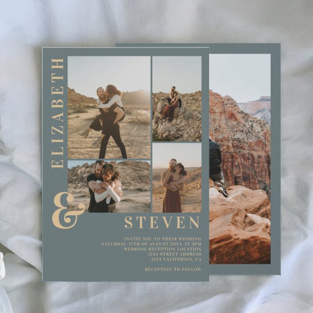 Moderne staubblaue Ampere und 5 Foto Grid Hochzeit Einladung (Modern dusty blue ampersand 5 photo grid wedding invitation)