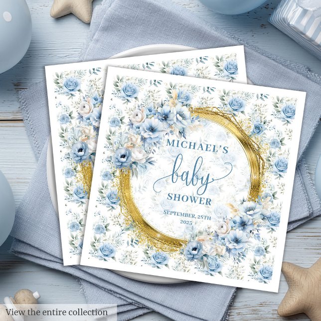 Moderne staubblaue Blumen Goldjungen-Dusche Serviette (Modern dusty blue flowers gold boy baby shower Paper Dinner Napkins)