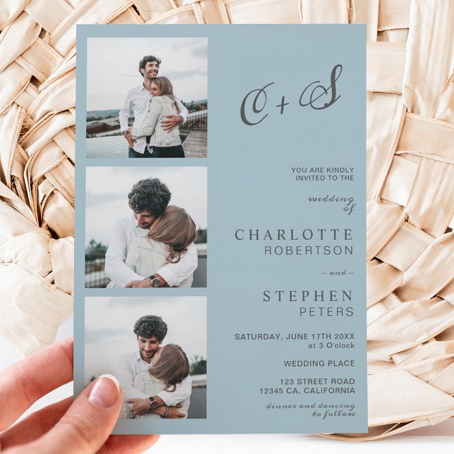 Moderne staubblaue lässige Initialen Foto Hochzeit Einladung (Von Creator hochgeladen)