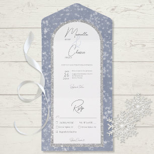 Moderne staubblaue und silberne Glitter-Schnee-Hoc All In One Einladung