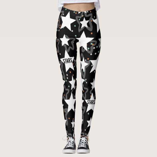 Moderne Sterne Schwarz-weiße Frauenmuster Leggings (Vorderseite)