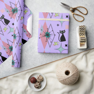 Moderne Sterne und Katzen Muster Lavendel Mitte Geschenkpapier