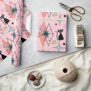Moderne Sterne und Katzen Muster Rosa Mitte Geschenkpapier