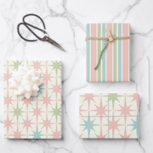 Moderne Sternexplosionen und Streifen Pastel Geschenkpapier Set