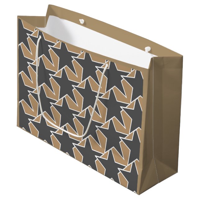 Moderne Sterngeometrie - taupe und grau / grau Große Geschenktüte (Vorderseite Schrägansicht)