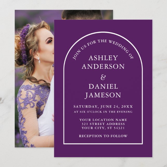 Moderne, stilvolle Arch Lila Foto Hochzeit Einladung (Vorne/Hinten)