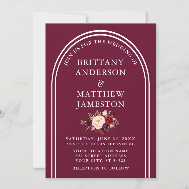 Moderne, stilvolle Arch Wedding Burgundy Floral Einladung (Vorderseite)