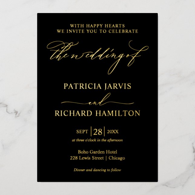 Moderne, stilvolle Black and Gold Wedding Folieneinladung (Vorderseite)