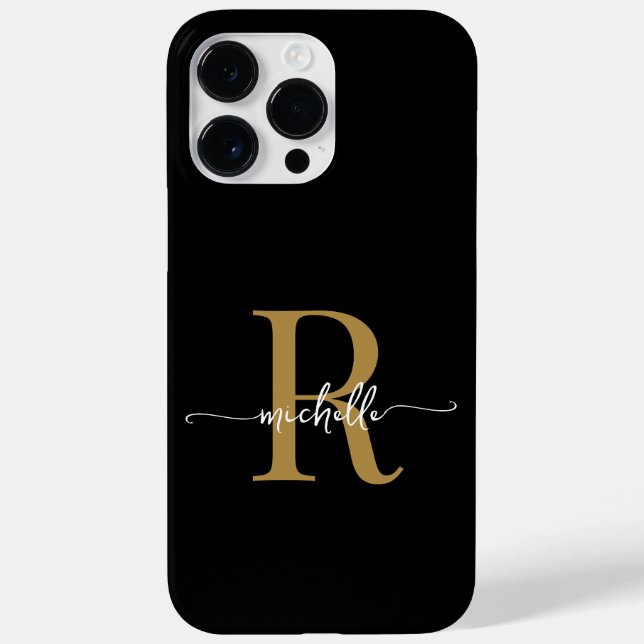 Moderne, stilvolle Black Gold Script Monogram Init Case-Mate iPhone 14 Pro Max Hülle (Rückseite)