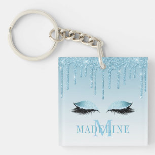 Moderne stilvolle blaue Glitter-Wimpern-Monogramm Schlüsselanhänger