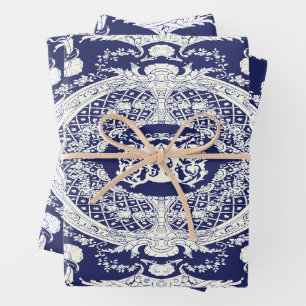 Moderne stilvolle Elegant Navy Blauer Barock Ornam Geschenkpapier Set