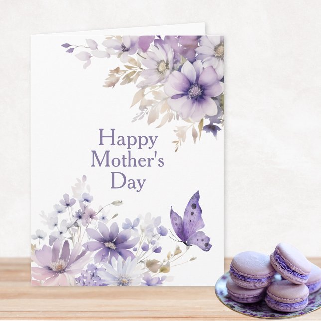 Moderne stilvolle florale Happy Mother Day Card Karte (Modern Stylish Purple Watercolor Floral Happy Mother's Day Card with Personalized Message Inside)