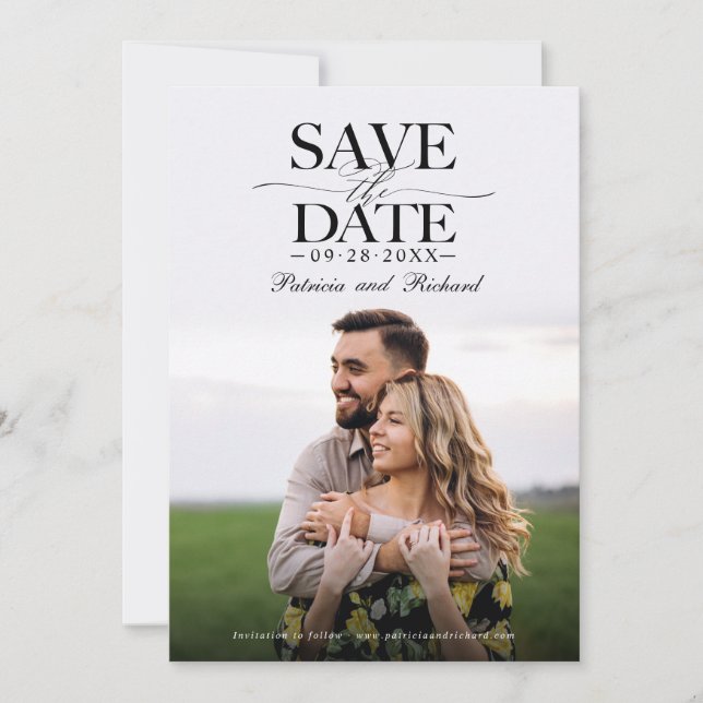 Moderne, stilvolle Hochzeit spart das Date-Foto Einladung (Vorderseite)
