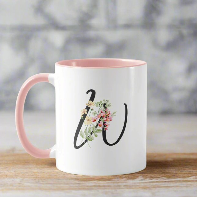Moderne, stilvolle Letter W Black Script floral Tasse (Von Creator hochgeladen)