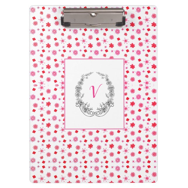 Moderne, stilvolle Monogram Girly Patterns Red Klemmbrett (Vorderseite)