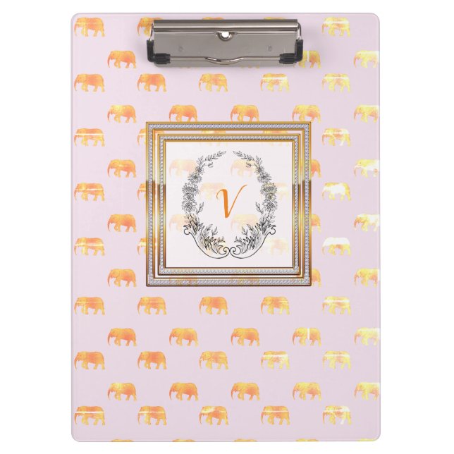 Moderne, stilvolle Monogram Muster Elephants Gold Klemmbrett (Vorderseite)