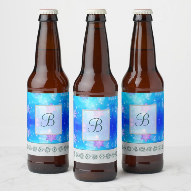 Moderne, stilvolle Monogram-Muster | SchneeParty # Bierflaschenetikett (Flaschen)