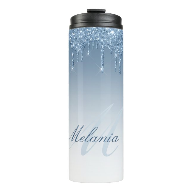 Moderne stilvolle Monogramm Blau Glitter Thermosbecher (Vorderseite)