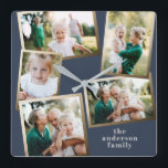 Moderne, stilvolle Multi-Foto-Wohngestaltung Quadratische Wanduhr<br><div class="desc">Moderne goldene Multi-Foto Familienurlaubskarte.</div>