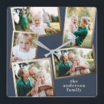 Moderne, stilvolle Multi-Foto-Wohngestaltung Quadratische Wanduhr<br><div class="desc">Moderne goldene Multi-Foto Familienurlaubskarte.</div>