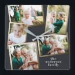 Moderne, stilvolle Multi-Foto-Wohngestaltung Quadratische Wanduhr<br><div class="desc">Moderne goldene Multi-Foto Familienurlaubskarte.</div>