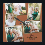 Moderne, stilvolle Multi-Foto-Wohngestaltung Quadratische Wanduhr<br><div class="desc">Moderne goldene Multi-Foto Familienurlaubskarte.</div>