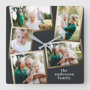 Moderne stilvolle Multifoto-Familienheimdekoration Quadratische Wanduhr