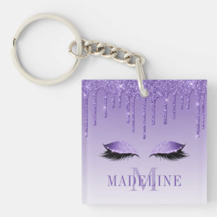 Moderne stilvolle violette Glitter-Wimpern Monogra Schlüsselanhänger