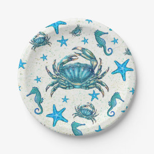 Moderne Strand Blaue Krabbe Seestern Seepferdchen Pappteller