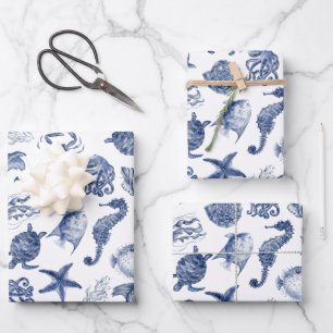 Moderne Strand-Küsten-Wasserfarben-Hochzeit Blau Geschenkpapier Set