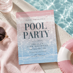 Moderne Strand-Pink- und Blau-Foto-Poolparty Einladung