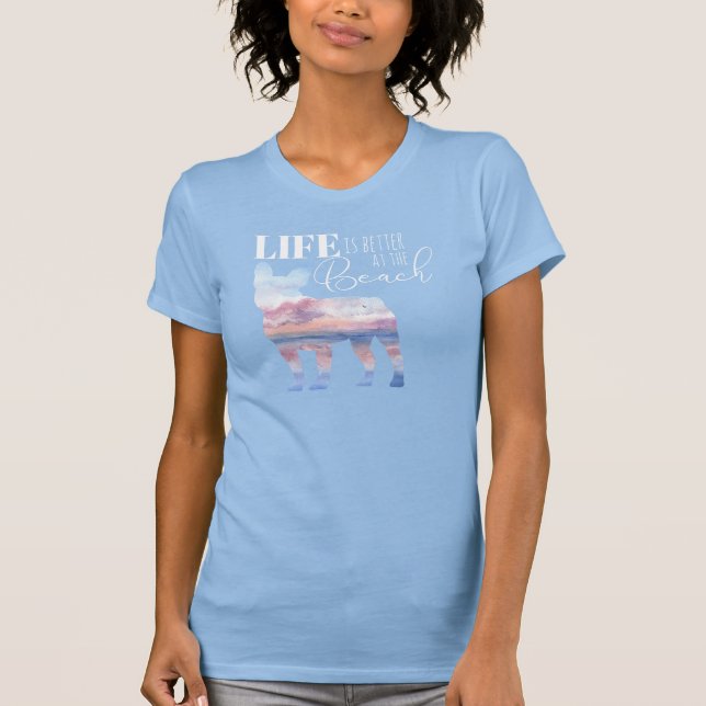 Moderne Strand-Szene in Pink und Blau T-Shirt (Vorderseite)