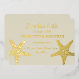 Moderne Strandhochzeit mit Seestern in Gold Folieneinladung