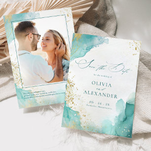 Moderne Strandhochzeit Teal Gold Abstrakte Foto Save The Date