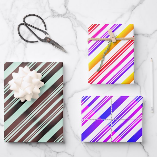 Moderne Streifen blau-braun-rosa lila-gelb Geschenkpapier Set (Vorderseite)