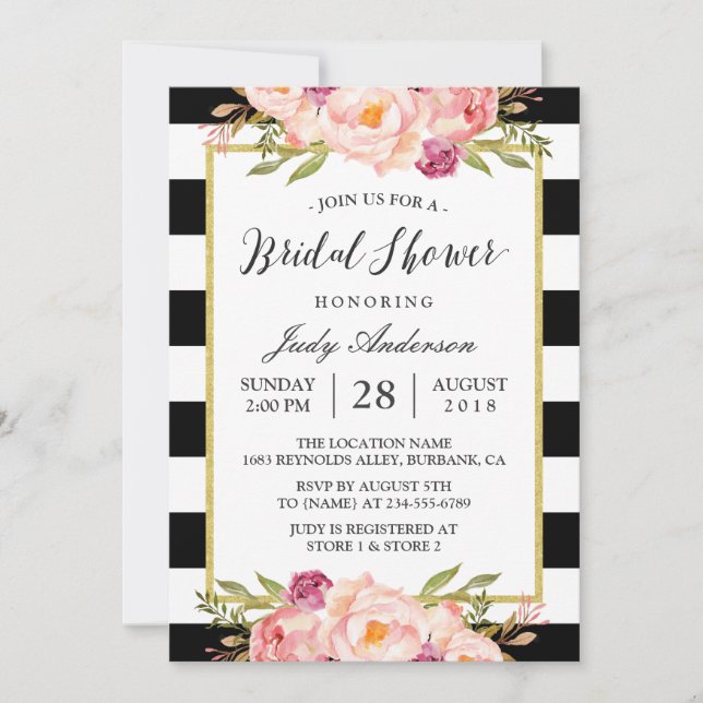 Moderne Streifen Blumendekor Hochzeitssalon Brautp Einladung (Vorderseite)